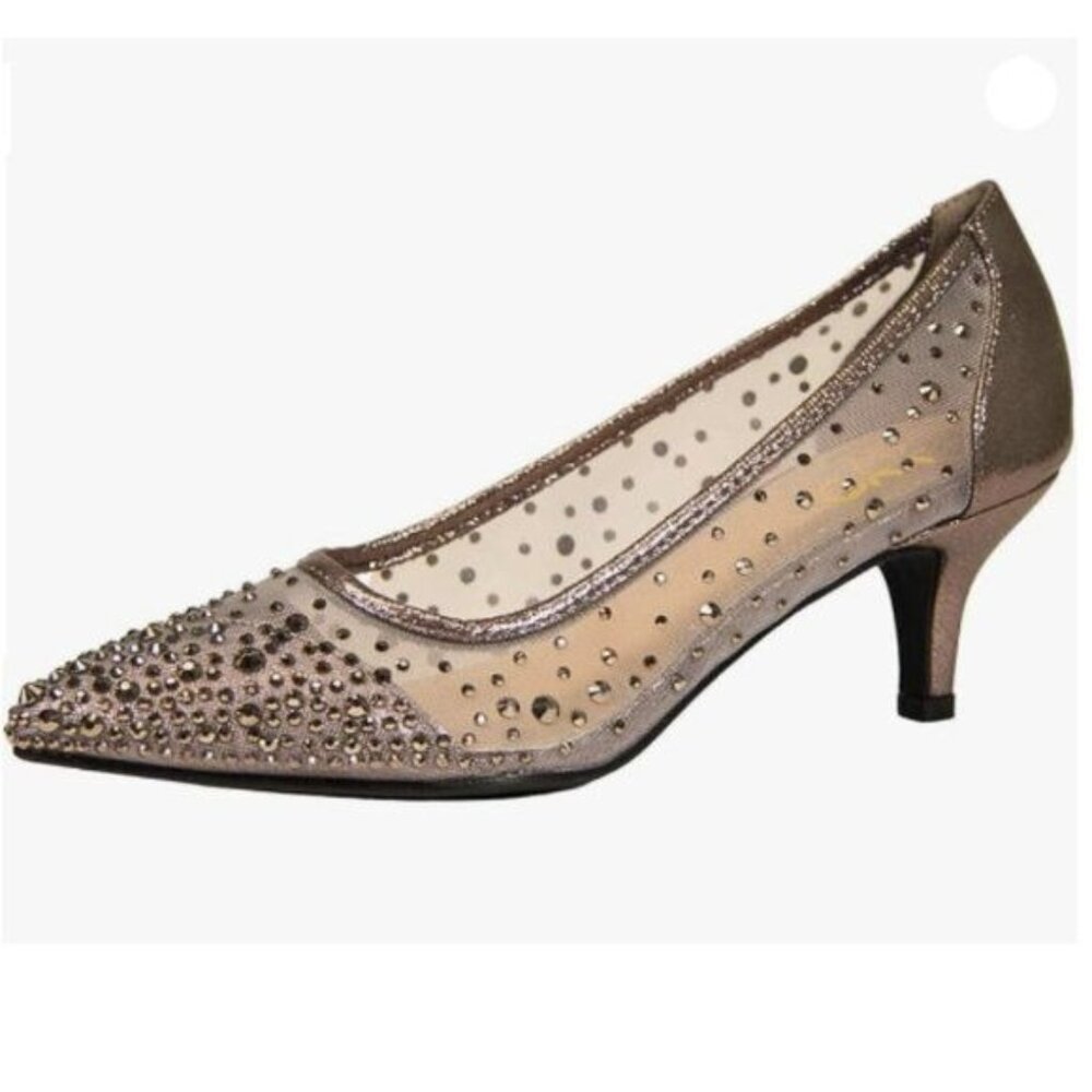 XYD Taupe Mesh Pointed Toe Kitten Heel Pumps with Rhinestones